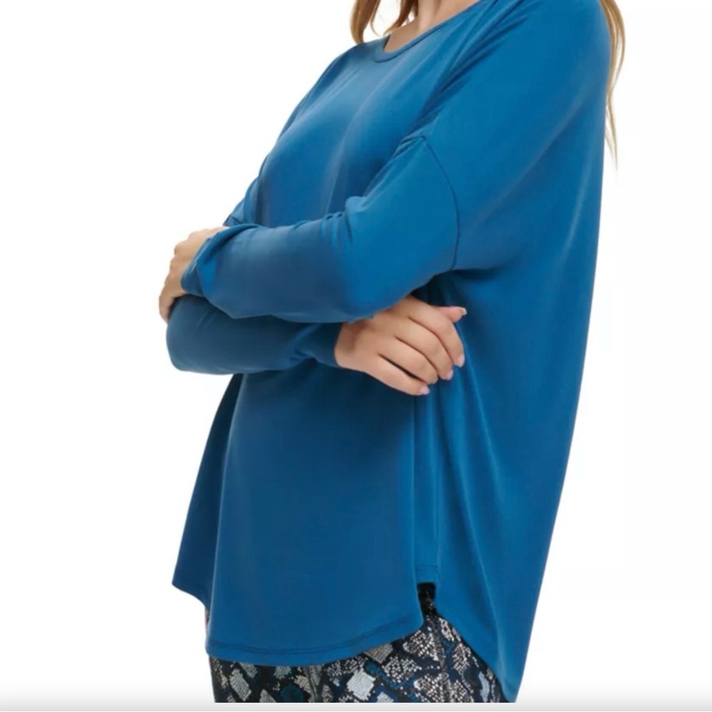 DKNY Teal Long-Sleeve Relaxed Pullover Round Neckline Deep V Cutout in Back - Picture 3 of 17
